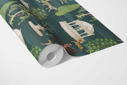 'Picturesque' Vintage Heritage/ Ethnic Chinoiserie Wallpaper (Teal Green/ White/ Brown/ Red) - Image 3