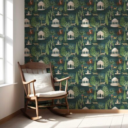'Picturesque' Vintage Heritage/ Ethnic Chinoiserie Wallpaper (Teal Green/ White/ Brown/ Red) - Image 5