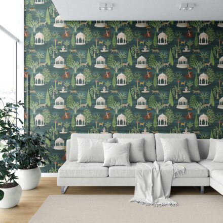 'Picturesque' Vintage Heritage/ Ethnic Chinoiserie Wallpaper (Teal Green/ White/ Brown/ Red) - Image 6