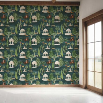 'Picturesque' Vintage Heritage/ Ethnic Chinoiserie Wallpaper (Teal Green/ White/ Brown/ Red) - Image 7