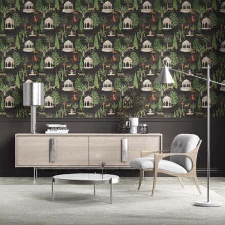 'Dalkash' Vintage Heritage/ Ethnic Chinoiserie Wallpaper (Black/ Brown/ White/ Red)