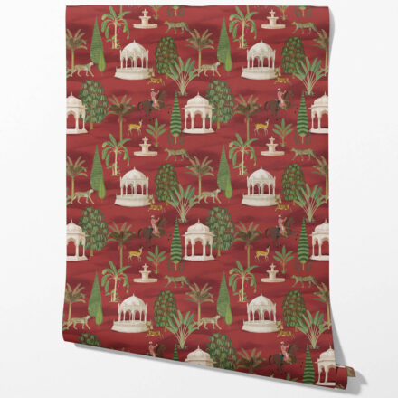 'Konark' Vintage Heritage/ Ethnic Chinoiserie Wallpaper (Red/ Green/ White/ Brown) - Image 2