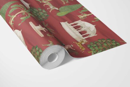 'Konark' Vintage Heritage/ Ethnic Chinoiserie Wallpaper (Red/ Green/ White/ Brown) - Image 3