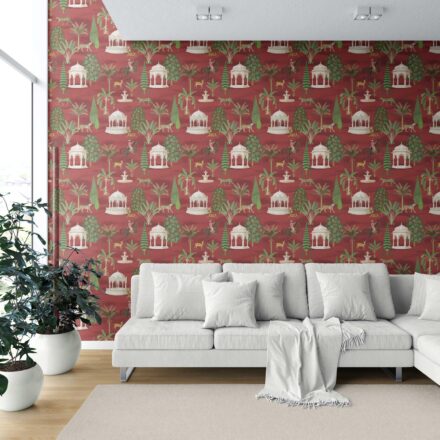 'Konark' Vintage Heritage/ Ethnic Chinoiserie Wallpaper (Red/ Green/ White/ Brown) - Image 6