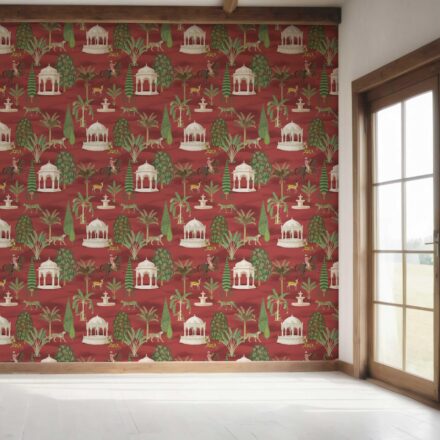 'Konark' Vintage Heritage/ Ethnic Chinoiserie Wallpaper (Red/ Green/ White/ Brown) - Image 7