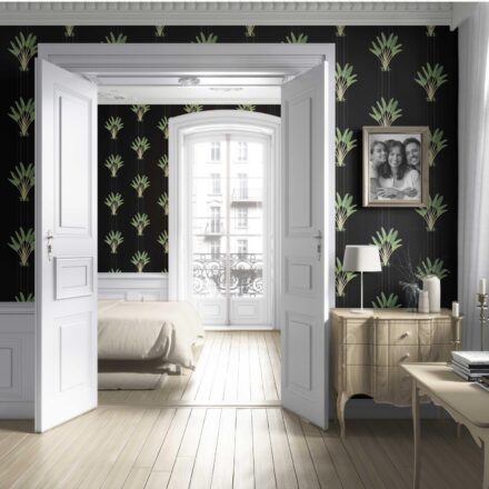 'Samudra' Botanical/ Floral Block Print Wallpaper (Black/ Green) - Image 4