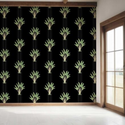 'Samudra' Botanical/ Floral Block Print Wallpaper (Black/ Green) - Image 7