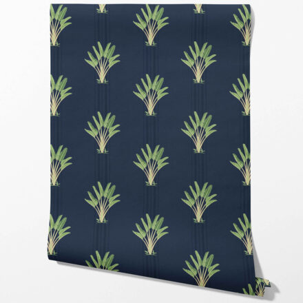'Sakora' Botanical/ Floral Block Print Wallpaper (Navy Blue/ Green) - Image 2
