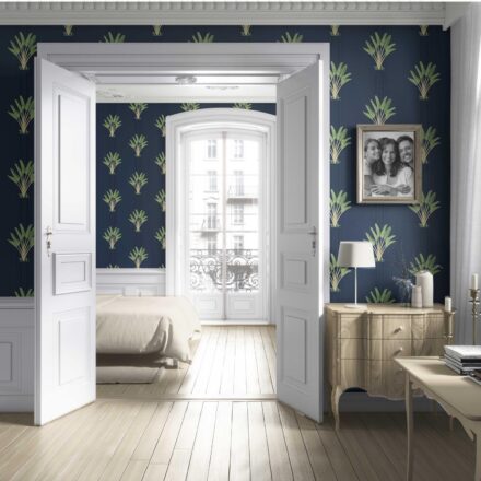 'Sakora' Botanical/ Floral Block Print Wallpaper (Navy Blue/ Green) - Image 4