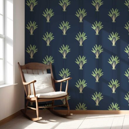 'Sakora' Botanical/ Floral Block Print Wallpaper (Navy Blue/ Green) - Image 5