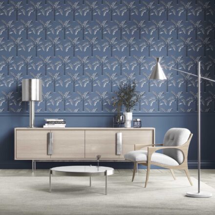 'Vihaan' Floral/ Botanical Palm Trees Patterned Wallpaper (Navy Blue/ Gray) - Image 2