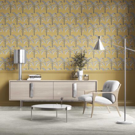 'Neerja' Floral/ Botanical Palm Trees Patterned Wallpaper (Yellow/ Gray) - Image 2