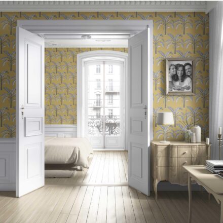 'Neerja' Floral/ Botanical Palm Trees Patterned Wallpaper (Yellow/ Gray) - Image 4