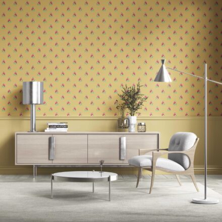 'Yuzu' Vintage-Inspired Floral Block Print Wallpaper (Yellow/ Pink/ Green) - Image 3
