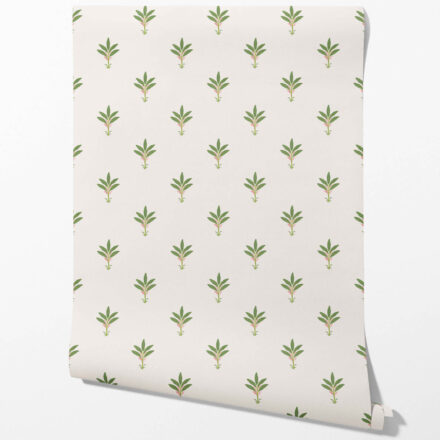 'Dorothy' Vintage-Inspired Floral Block Print Wallpaper (White/ Green/ Pink)