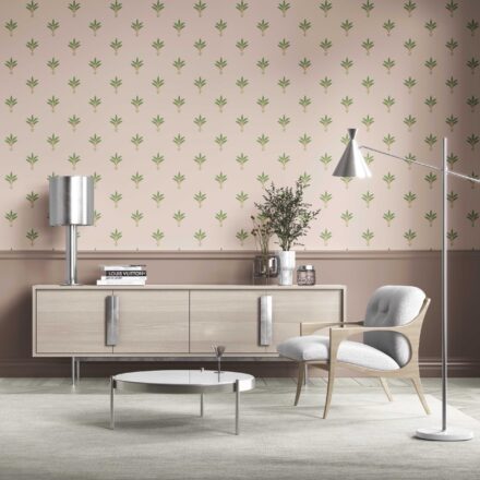 'Alpenrose' Vintage-Inspired Floral Block Print Wallpaper (Pastel Pink/ Green) - Image 2