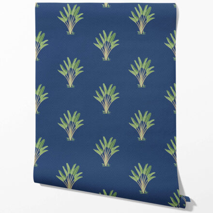 'Sea Akba' Botanical/ Floral Block Print Wallpaper (Midnight Blue/ Green) - Image 2