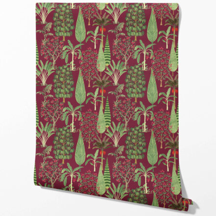 'Sleek Sea' Tropical Floral/ Botanical Wallpaper (Burgundy Red/ Green/ Pink) - Image 2