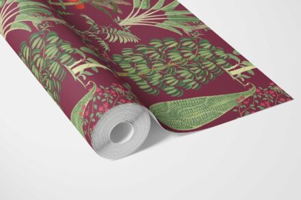 'Sleek Sea' Tropical Floral/ Botanical Wallpaper (Burgundy Red/ Green/ Pink) - Image 3