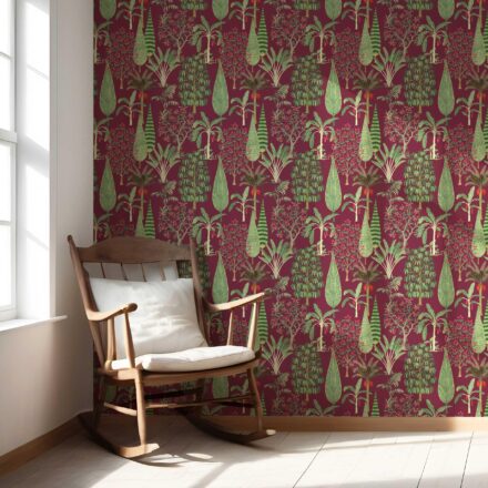 'Sleek Sea' Tropical Floral/ Botanical Wallpaper (Burgundy Red/ Green/ Pink) - Image 5