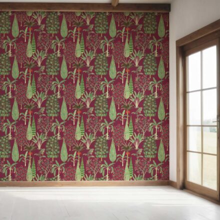 'Sleek Sea' Tropical Floral/ Botanical Wallpaper (Burgundy Red/ Green/ Pink) - Image 6