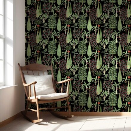 'Clematis' Tropical Floral/ Botanical Wallpaper (Black/ Green/ Pink/ Red) - Image 5