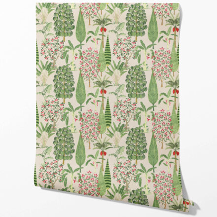 'Stone Steps' Tropical Floral/ Botanical Wallpaper (Beige/ Green/ Pink/ Red) - Image 2