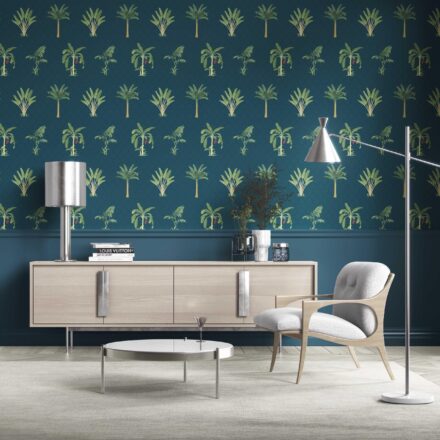 'Meadow Daisy' Botanical/ Floral Block Print Wallpaper (Teal Blue/ Green/ Red)