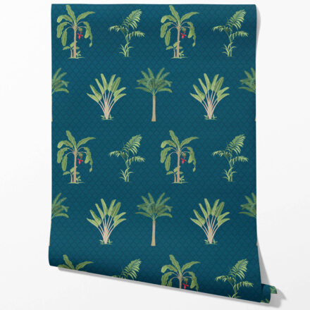 'Meadow Daisy' Botanical/ Floral Block Print Wallpaper (Teal Blue/ Green/ Red) - Image 2