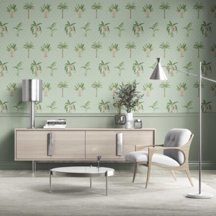 'Imperia' Botanical/ Floral Block Print Wallpaper (Mint Green/ Red)