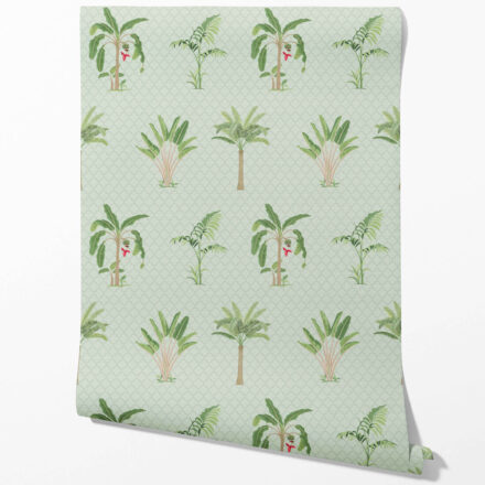 'Imperia' Botanical/ Floral Block Print Wallpaper (Mint Green/ Red) - Image 2