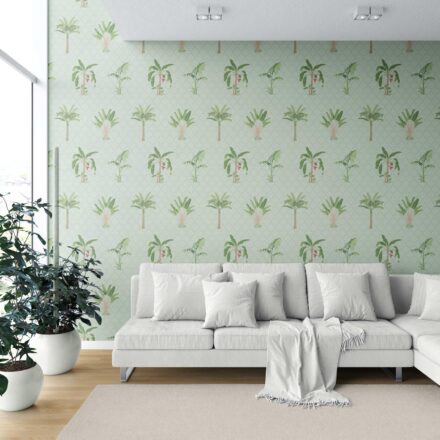 'Imperia' Botanical/ Floral Block Print Wallpaper (Mint Green/ Red) - Image 6