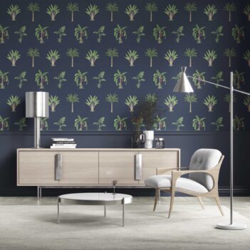 'Navala' Botanical/ Floral Block Print Wallpaper (Navy Blue/ Green/ Red)