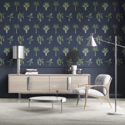 'Navala' Botanical/ Floral Block Print Wallpaper (Navy Blue/ Green/ Red)