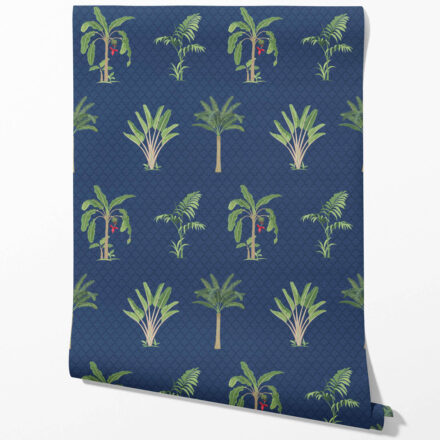 'Navala' Botanical/ Floral Block Print Wallpaper (Navy Blue/ Green/ Red) - Image 2