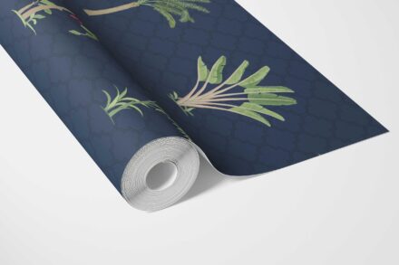 'Navala' Botanical/ Floral Block Print Wallpaper (Navy Blue/ Green/ Red) - Image 3
