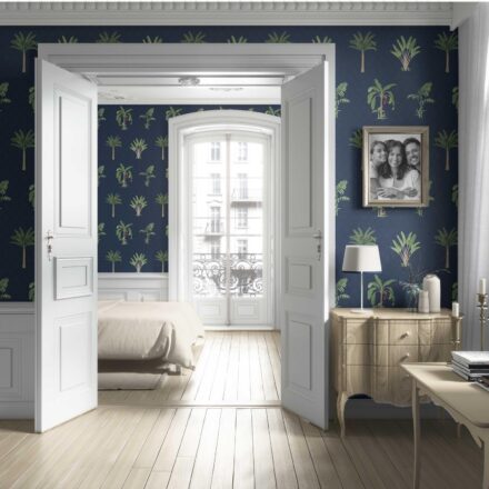 'Navala' Botanical/ Floral Block Print Wallpaper (Navy Blue/ Green/ Red) - Image 4