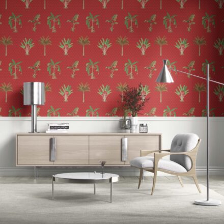 'Convergence' Botanical/ Floral Block Print Wallpaper (Red-Orange/ Green)