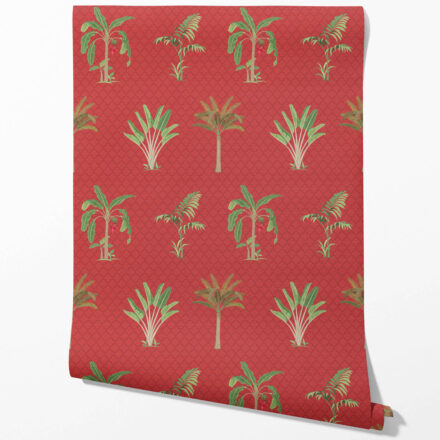 'Convergence' Botanical/ Floral Block Print Wallpaper (Red-Orange/ Green) - Image 2