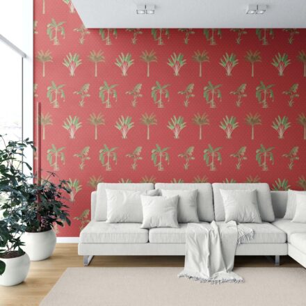 'Convergence' Botanical/ Floral Block Print Wallpaper (Red-Orange/ Green) - Image 6