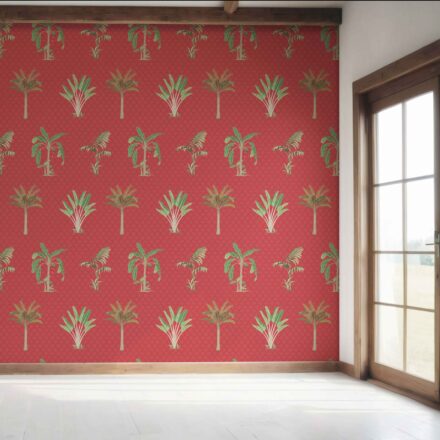 'Convergence' Botanical/ Floral Block Print Wallpaper (Red-Orange/ Green) - Image 7