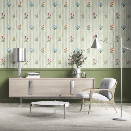 'Penguins' Floral Striped Block Print Wallpaper (Green/ Pink/ Blue/ Yellow/ Orange) - Image 2