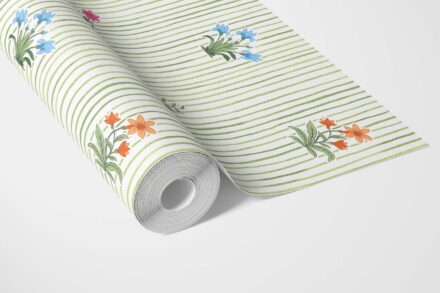 'Penguins' Floral Striped Block Print Wallpaper (Green/ Pink/ Blue/ Yellow/ Orange) - Image 3
