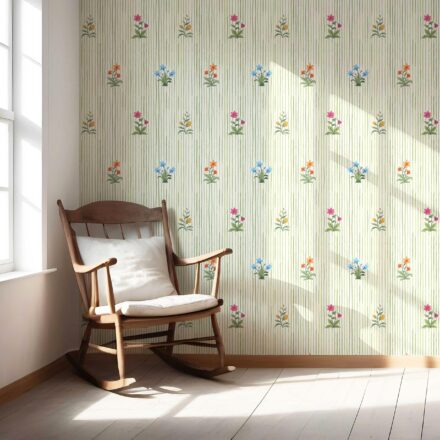 'Penguins' Floral Striped Block Print Wallpaper (Green/ Pink/ Blue/ Yellow/ Orange) - Image 5