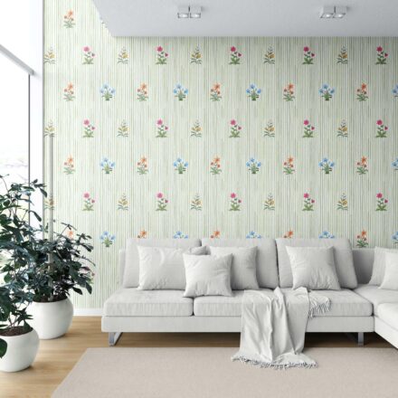 'Penguins' Floral Striped Block Print Wallpaper (Green/ Pink/ Blue/ Yellow/ Orange) - Image 6