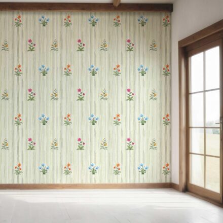 'Penguins' Floral Striped Block Print Wallpaper (Green/ Pink/ Blue/ Yellow/ Orange) - Image 7