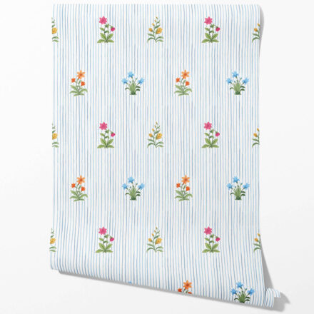 'Yavapai' Floral Striped Block Print Wallpaper (Blue/ Pink/ Green/ Orange )