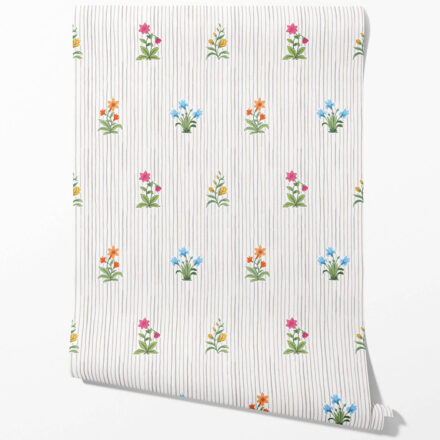 'Atlas' Floral Striped Block Print Wallpaper (Gray/ Pink/ Green/ Blue)