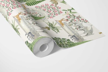 'Narwhal' Vintage Heritage/ Ethnic Chinoiserie Wallpaper (White/ Green/ Pink/ Tan) - Image 3