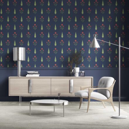 'Faery Forest' Botanical/ Floral Block Print Wallpaper (Navy Blue/ Red/ Green) - Image 2